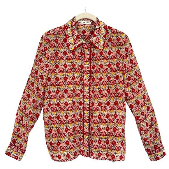 Alice + Olivia Willa Silk Piped Trim Print Blouse Red Multi Designer S - Picture 2 of 12